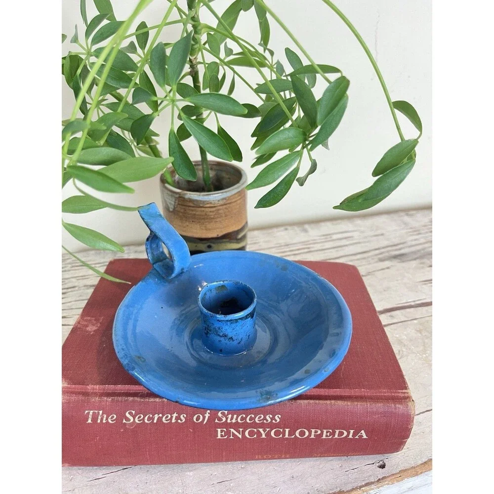 Vintage Enamelware French Farmhouse Candleholder Robin’s Egg Blue + Finger Loop